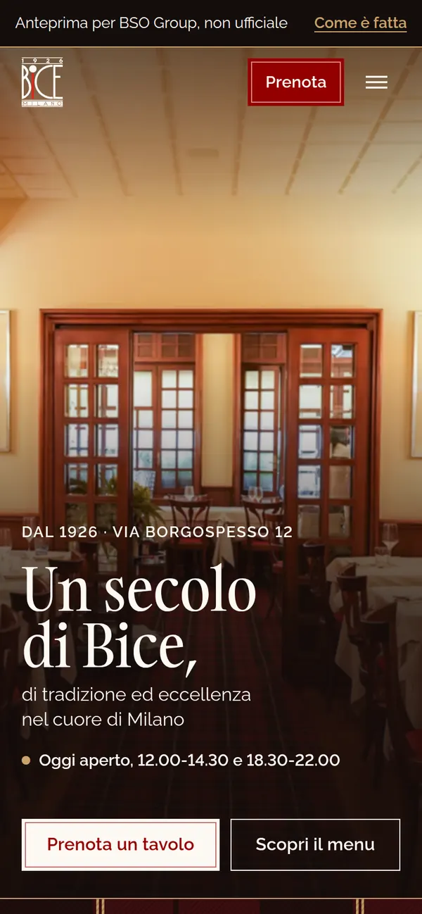 La home di Bice nell’anteprima, dal telefono: la sala, «Un secolo di Bice», lo stato di oggi e «Prenota un tavolo»