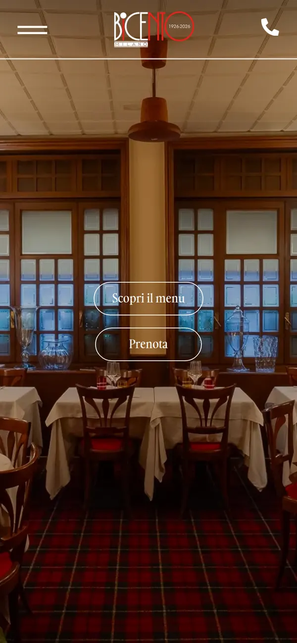 La home di Bice oggi, dal telefono: il video della sala, il logo del centenario, «Scopri il menu» e «Prenota»